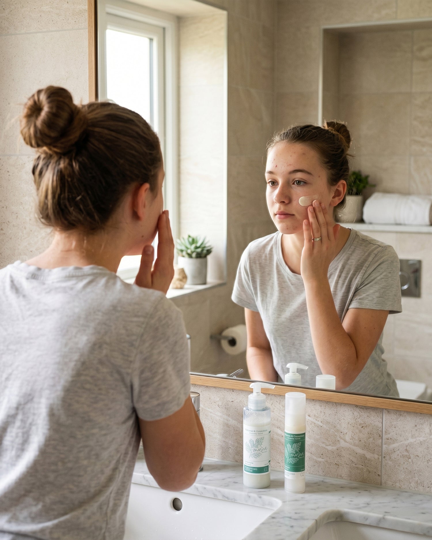 Une jeune fille applique les produits de la marque Misia Skincare sur sa peau à tendance acnéique, face à un miroir. 